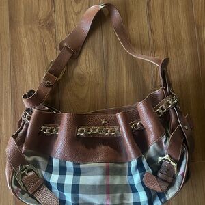 Burberry Brown Leather-Trim Plaid Shoulder Bag with Gold Chain